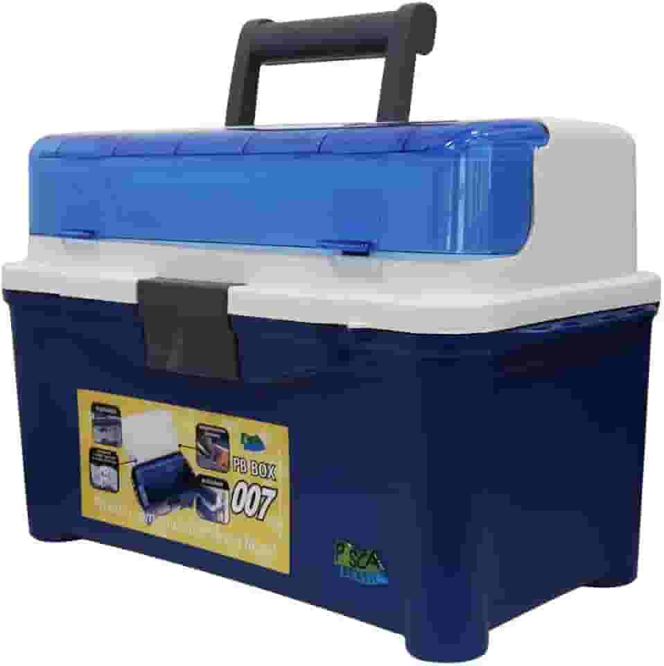 Pesca Brasil, Maleta De Pesca PB Box 007 Com 1 Estojo Papa Isca E 2 Estojos Multiuso, Suporta Mais De 120kgs, Com Abertura Na Tampa, Compartimentos Ajustáveis, Resistente, Durável, Azul e Branco