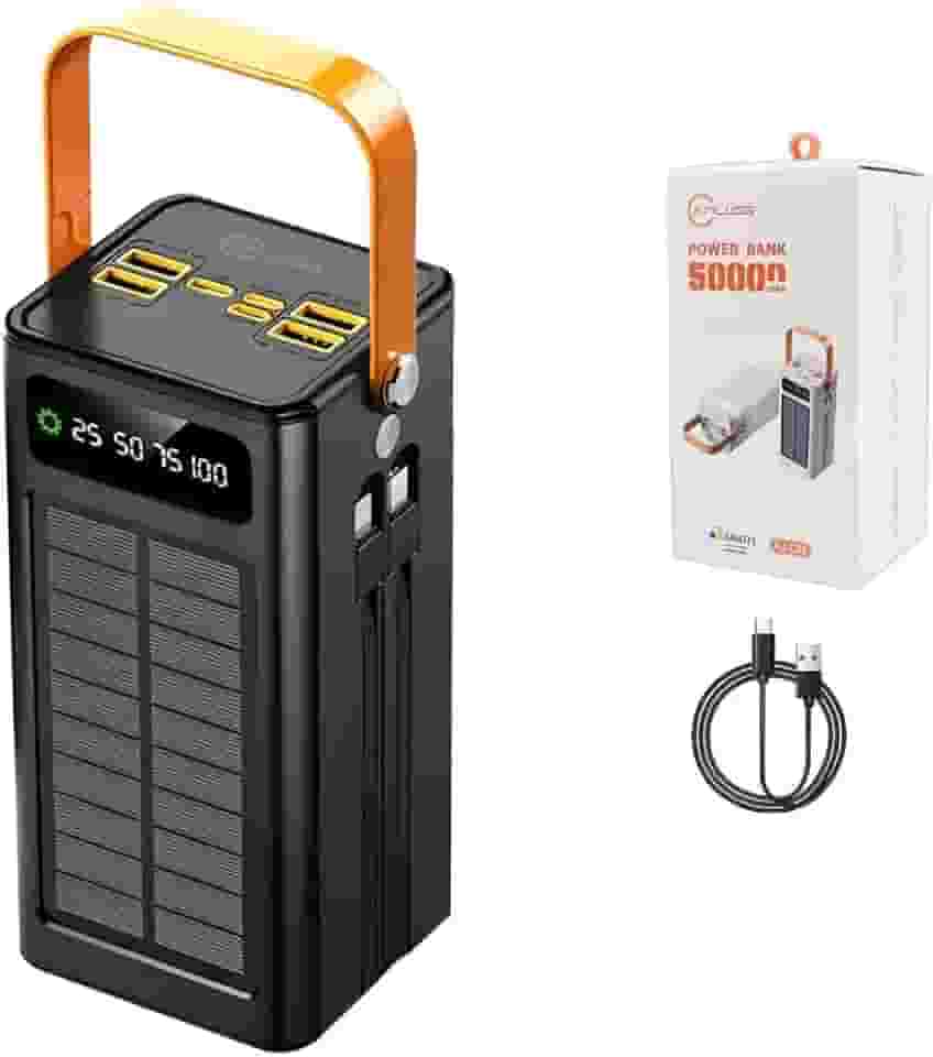 Power Bank Solar 50000mAh 120W – Bateria Portátil de Alta Potência com Carregamento Rápido PD | Painel Solar Inteligente | Ideal para Viagem, Camping, Trabalho e Emergências