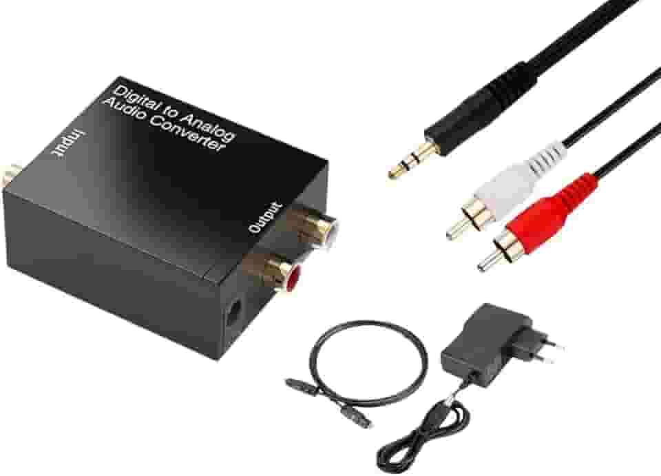 Conversor de Áudio Óptico Toslink Digital para Analógico RCA Estéreo | Adaptador Coaxial com Fonte e Cabos Optico + P2 x 2RCA | Acessório Eletrônico Compatível com TV, Home Theater, Caixa de Som