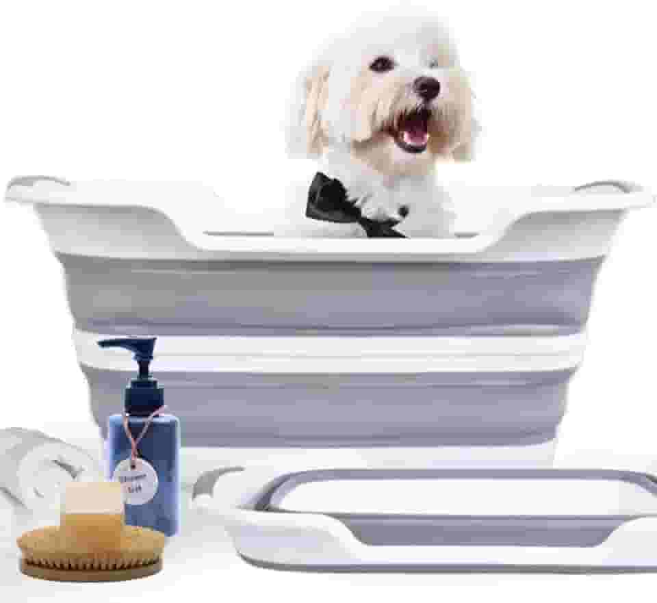 CYGNE Banheira para cães com plugue de drenagem de água, banheira dobrável para lavagem e cuidados com cães, design portátil dobrável para economia de espaço para cães pequenos e gatos, sem BPA, cinza
