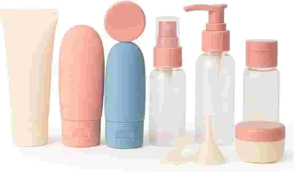 Kit de Frascos de Viagem 11 Peças com Necessaire - Potes de Silicone Reutilizáveis para Maquiagem e Cosmeticos em Geral, Shampoo Condicionador Sabonete Creme Alcool Gel. Aprovado para Avião Premium