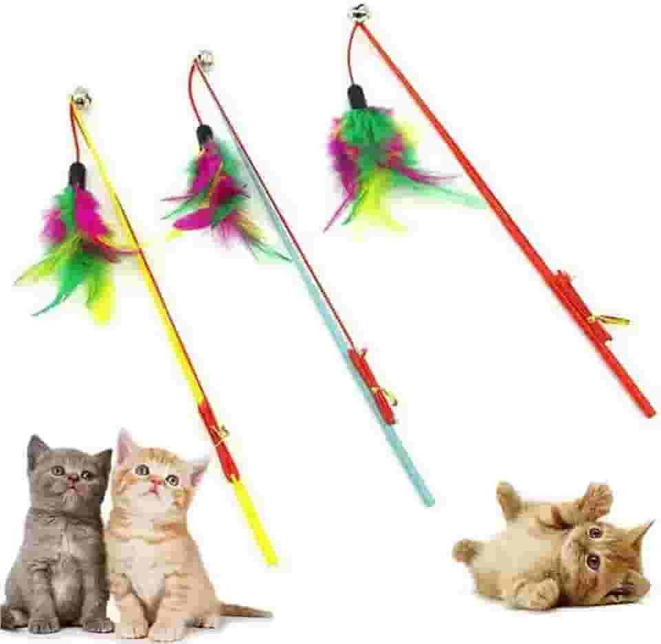 Varinha para Gatos com Penas Coloridas e Sino, Brinquedo Interativo, 30 cm