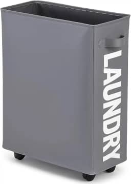 Cesto de roupa suja fino com rodinhas de 63,5 cm, cesto de roupa suja dobrável com alça, organizador e organizador de roupa suja dobrável, cesto de armazenamento alto Modelo Atualizado (Cinza Escuro)