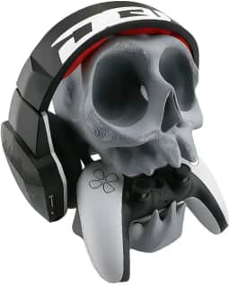 Suporte Base para Controle PS5, PS4 e Fone de Ouvido, Design Caveira, Montagem em Parede ou Mesa, Cinza