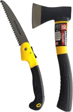 Kit Machadinha Lenhador + Serrote Dobrável de Poda | Ideal para Jardim, Camping e Corte de Galhos | Lâmina de Aço Carbono