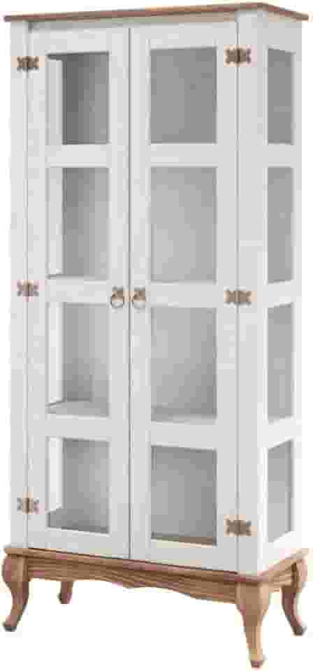 PENSE DENTRO DA CAIXA Cristaleira em Madeira Maciça com 2 Portas de Vidro - Estante para Armazenagem - Livreiro Tipo Vitrine com Duas Portas - Móvel para Sala de Jantar - Branco Envelhecido