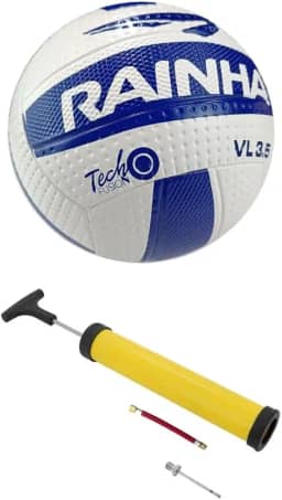Bola de Vôlei Profissional Rainha Texturizada 3.5 Azul e Branca Oficial + Bomba de Ar Manual | Costurada | Toque Macio | Câmara Butílica | Ideal para Treino, Jogos, Lazer, Quadra e Areia.