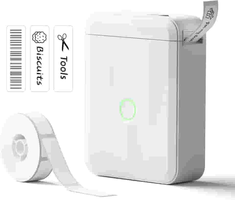 NIIMBOT Máquina de etiquetar, versão atualizada D110, impressora de adesivos, com 1 rolo de papel branco para iniciantes, impressora térmica de etiquetas para escola, escritório, casa, organização