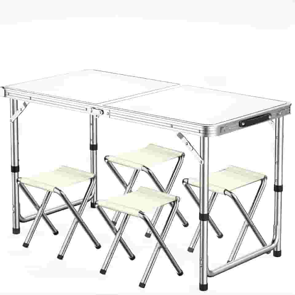 Mesa Dobrável Portátil de Alumínio em Maleta 120x60cm /4 Banquetas - Prática para Camping, Praia, Área Externa e Viagens - Vira Maleta com Alça Resistente(Branco +4 Bancos(120x60))
