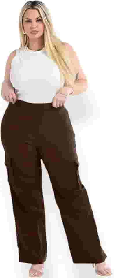 Calça Cargo Plus Size Feminino Cintura Alta Bolsos Preto Sig Estilo Acinturada