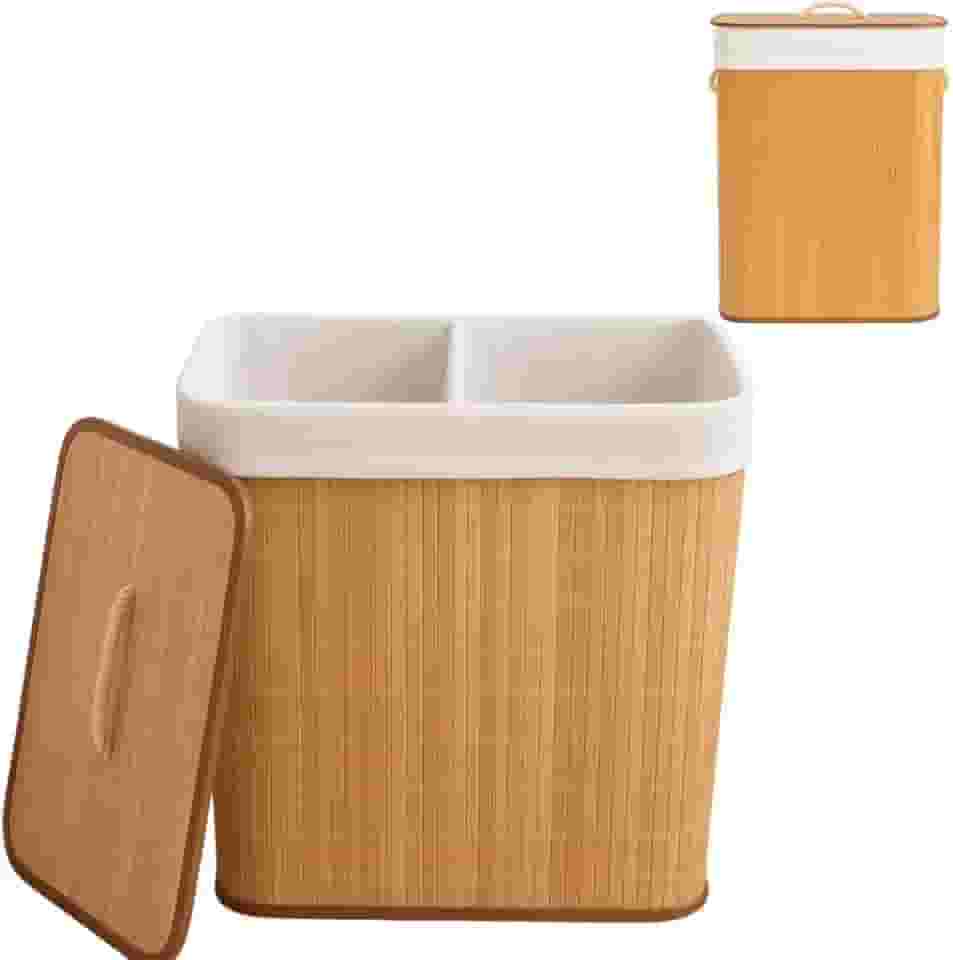 Cesto de Roupa Duplo em Bambu, com Divisórias, para Lavanderia e Organização, Bege