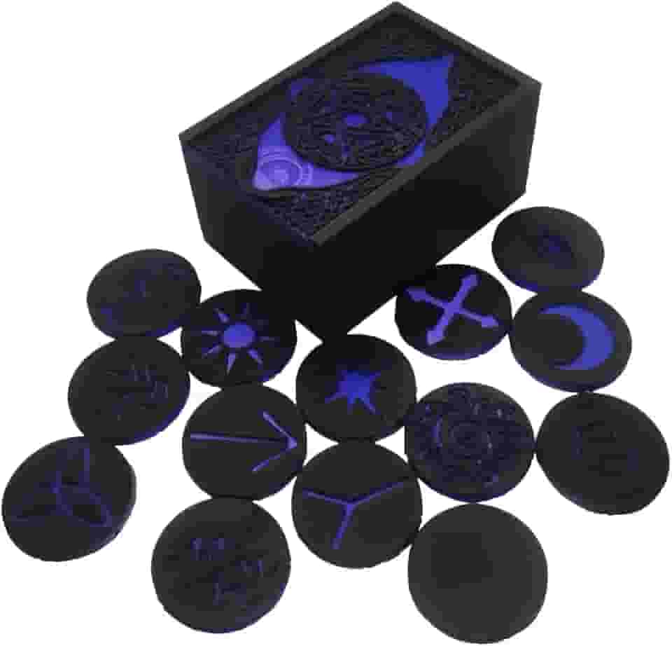 Caixa de Runas das Bruxas Preta com Pentagrama, 14 Peças com Símbolos Roxos, Conjunto de Runas Místicas para Adivinhação