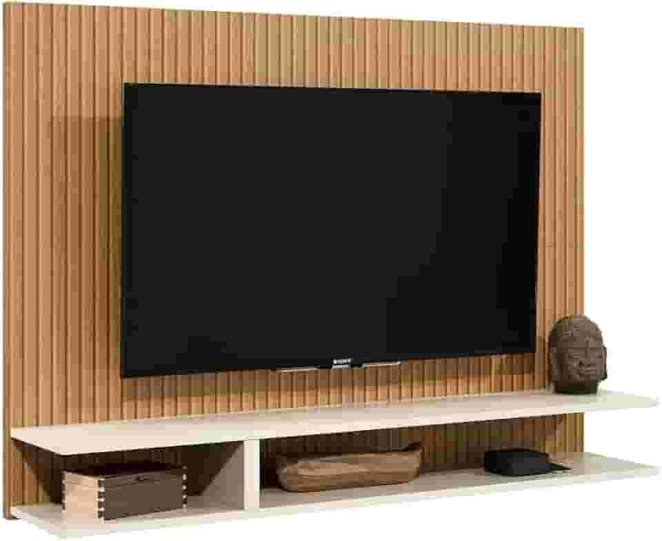Painel Para TV Até 50 Polegadas Quarto/Sala Com Nichos E Prateleiras Suspenso - Quality Móveis (Ripado/OffWhite)