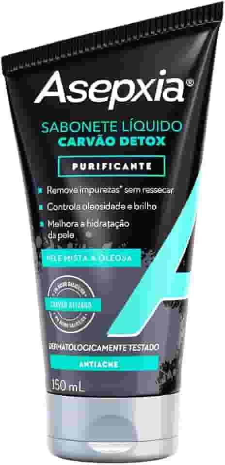 Asepxia Sabonete Líquido Carvão Detox Purificante Para Pele Mista A Oleosa, Remove Impurezas Sem Ressecar, Melhora Hidratação Da Pele, Gel De Limpeza Facial 150Ml, 1 Pack