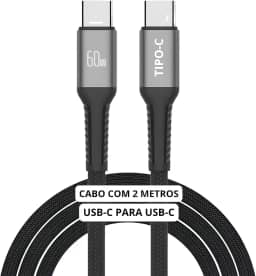 Cabo USB-C 2 metros Tipo C Turbo 60W Ultra Rapido Nylon Trançado e Reforçado Android e Iphone Notebook Tablet Qualidade Premium Carregamento Transferência de Dados