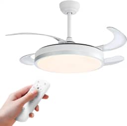 Ventilador de Teto LED com Pás Retráteis, Controle Remoto, Bivolt, Estrutura Branca, Pás Transparentes, Diâmetro 46 cm, 4 Pás de Plástico