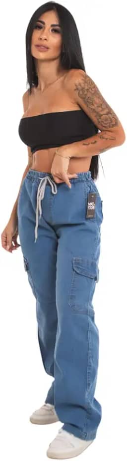 Calças Larga Cargo Bolso Lateral Moda Feminina Street Sk8