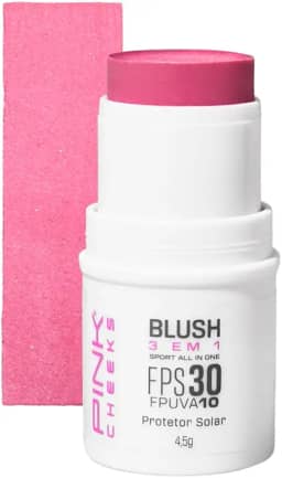 Blush em Bastão 3 em 1 Pink Cheeks 4,5g - Resistente Água Esporte Beleza Solar Maquiagem Sombra Radicais Livres Textura Pele, Pink Cheeks (Pink Berry)