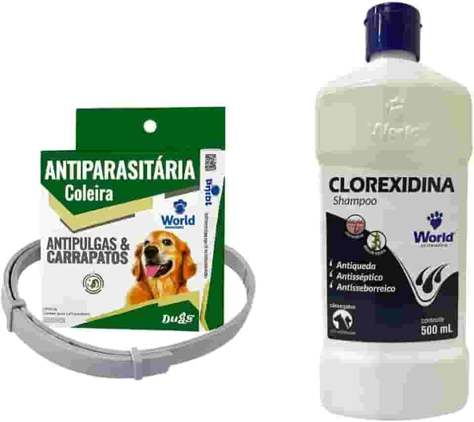 Kit Coleira Antipulgas e Carrapato para Cães World Veterinária + Shampoo 500ml para Cães e Gatos