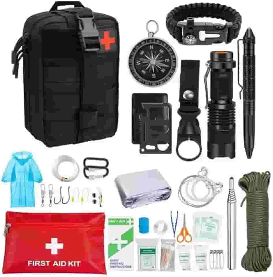 Kit de Sobrevivência Militar para Primeiros Socorros, 38 em 1, Mochila Molle, Lanterna, Bússola, Corda, Bracelete de Sobrevivência