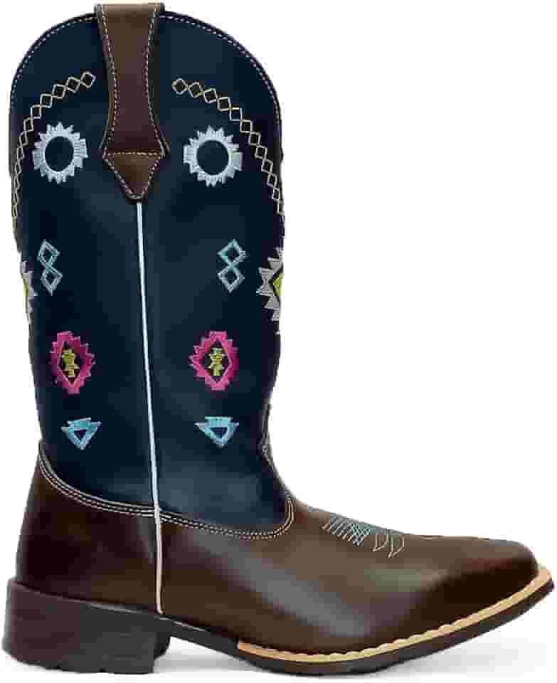 Bota Texana Feminina em Couro Bico Quadrado Cano Longo Bordado Azul Kapell