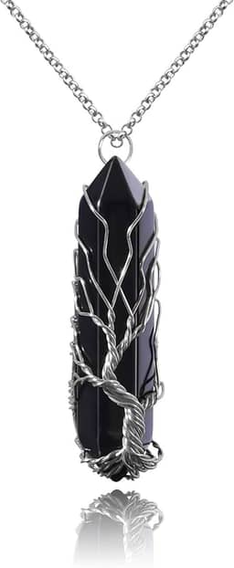 Colar de cristal de cura árvore da vida envolto em fio de pedra natural com pingente hexagonal Reiki espiritual quartzo joia de pedra preciosa para mulheres e homens
