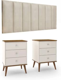 Conjunto Cabeceira Cama Queen 1,60 Com Kit 2 Criados Quarto, Off/Freijo