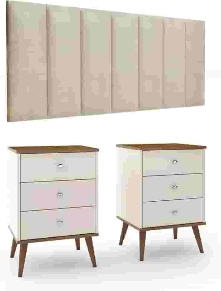 Conjunto Cabeceira Cama Queen 1,60 Com Kit 2 Criados Quarto, Off/Freijo