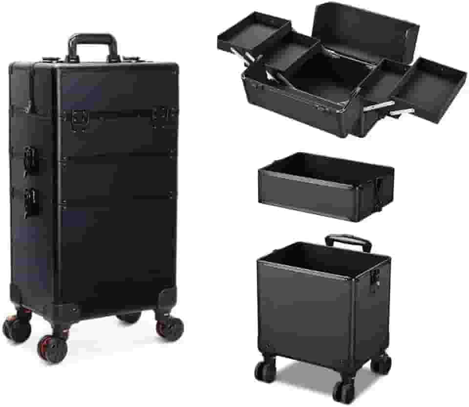 Maleta Mala de Maquiagem Profissional Com Divisórias e Rodinha 360 Graus 3 Andar Preta MS814 914P