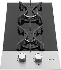 SUGGAR COOKTOP VIDRO PRETO E INOX A GÁS 2 QUEIMADORES ESMALTADOS DIFERENTES TAMANHOS TREMPES FERRO FUNDIDO FG2002FVPIX