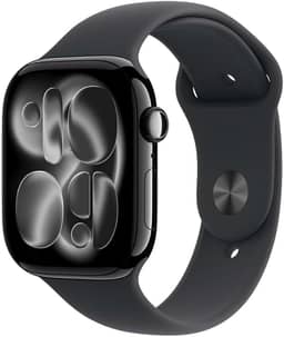 Apple Watch Series 11 GPS, Caixa em alumínio preto brilhante de 46 mm com Bracelete desportiva preta - M/G