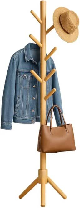 Cabideiro de Chão em Madeira 175 cm de Altura 8 Ganchos Mancebo Cabideiro Arara de Madeira Polida Ecológica e Vertical Desmontável e Leve Ideal para Pendurar Roupas e Acessórios Premium