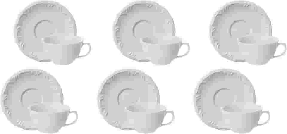 Estojo com 6 Xícaras Chá com Pires sem Pé em Porcelana - Modelo Redondo com Relevo Pomerode - Branca - fabricado pela Schmidt