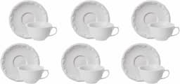Estojo com 6 Xícaras Chá com Pires sem Pé em Porcelana - Modelo Redondo com Relevo Pomerode - Branca - fabricado pela Schmidt