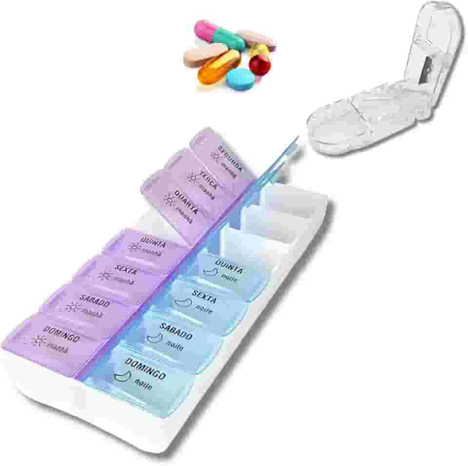 Kit Organizador Caixa Porta Comprimidos Semanal Manhã e Noite Remédio Cápsulas + Cortador de Comprimido Diário Lâmina Afiada e Resistente Corta e Armazena Medicamentos