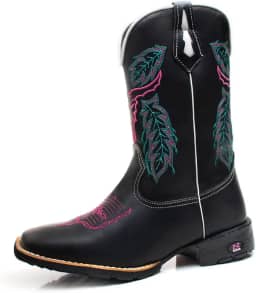 Bota Texana Feminina Cano Alto Rodeio Em Couro Com Bordado De Boi Bico Quadrado RR Botas