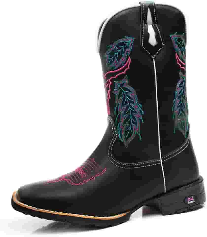 Bota Texana Feminina Cano Alto Rodeio Em Couro Com Bordado De Boi Bico Quadrado RR Botas