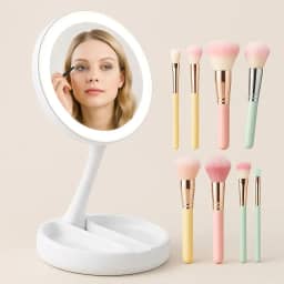 Kit Beleza Completa: Espelho LED com Aumento 10x + 13 Pincéis Profissionais para Maquiagem