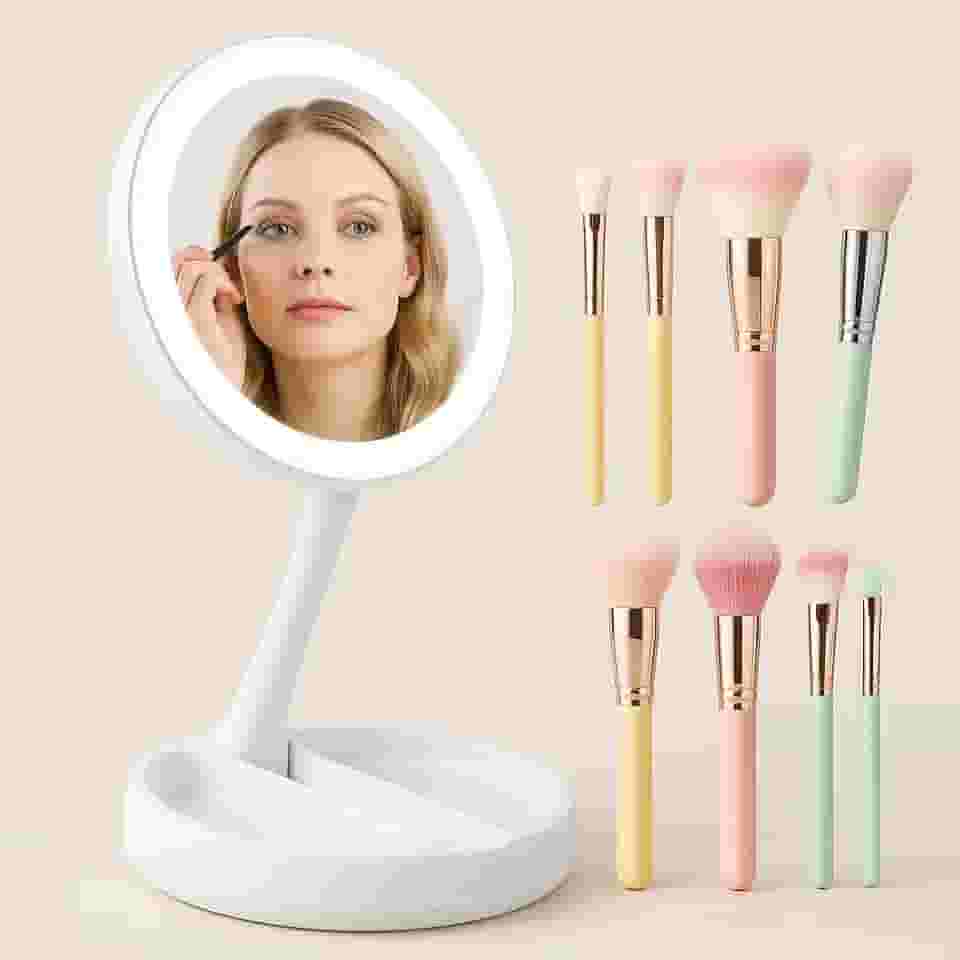 Kit Beleza Completa: Espelho LED com Aumento 10x + 13 Pincéis Profissionais para Maquiagem