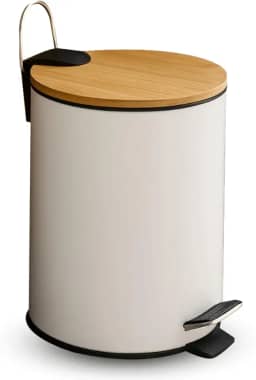 Lixeira com Pedal em Inox e Tampa de Bambu Capacidade 5 Litros Redonda Branca Cesto de Lixo Removivel Ideal para Cozinha Branheiro Escritório Mec G