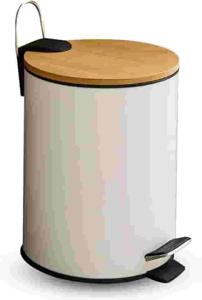 Lixeira com Pedal em Inox e Tampa de Bambu Capacidade 5 Litros Redonda Branca Cesto de Lixo Removivel Ideal para Cozinha Branheiro Escritório Mec G