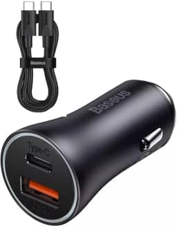 Kit Carregador Veicular Baseus USB-A + USB-C Turbo 60W, Cabo USB-C 1 metro, Golden Max Dual Preto