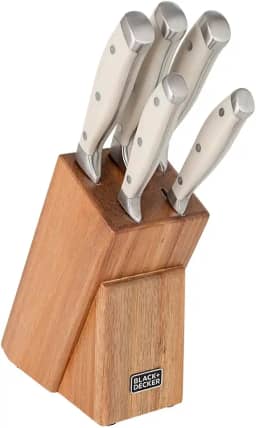 BLACK+DECKER Jogo de Facas e Cepo 6 Peças Zenith Pro - Lâminas em Aço Forjado com Cabos Ergonômicos na Cor Branca e Cepo em Madeira