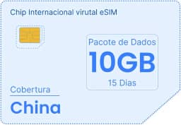 Chip Internacional Virtual eSIM para Dados na China, Pacote de 10 GB por 15 Dias