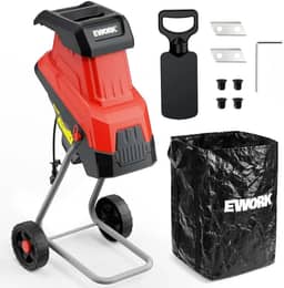 EWORK Picador elétrico de madeira, triturador de 15 Amp com diâmetro de corte de 4,5 cm e taxa de redução de 15:1, triturador de picador Mulcher inclui 2 lâminas extras para galhos, folhas, galhos e