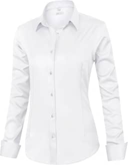 Camisa social feminina de ajuste clássico, manga comprida, com botões, sem rugas, elástica, lisa, casual, trabalho, escritório