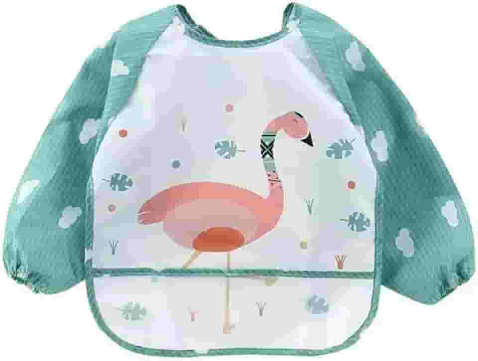 Babador Manga Longa Impermeável Cata Migalhas Animais Blw - Flamingo Rosa Maga Verde