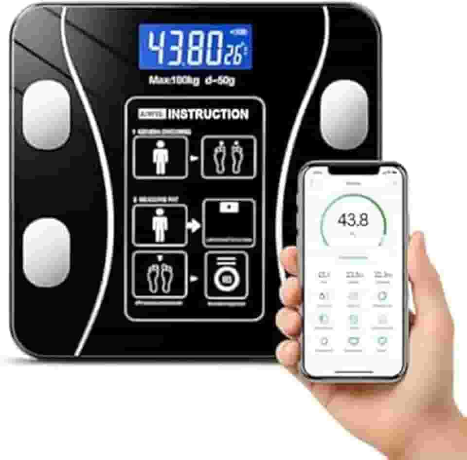 Balança Digital Inteligente Bioimpedância Corporal Bluetooth com App Visor LCD 140kg Preta Premium