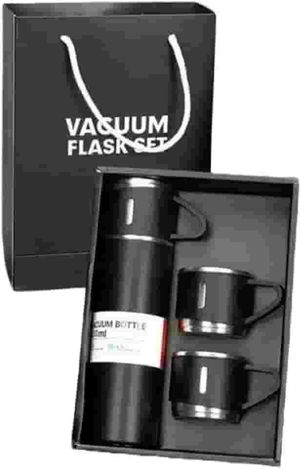 Kit Garrafa Termica Inox Isolada a Vacuo Parede Dupla Com Tampa Caneca e 2 Canecas 500ML Para Quente Gelado (Kit Preto)