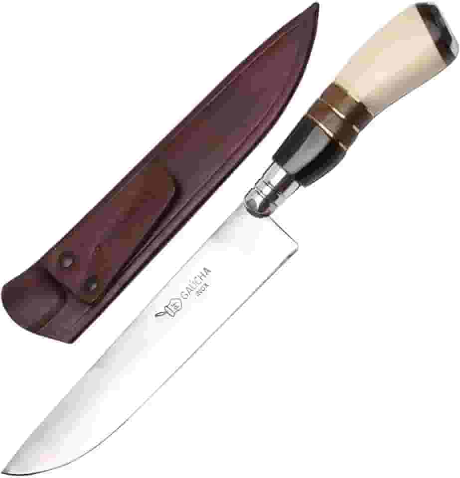 Facas Gaúcha, 1008OMC, Faca Gaúcha Churrasco 8' Cabo Curvo Chifre Madeira Osso, cor Inox, Couro